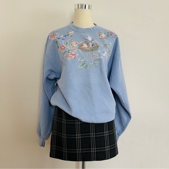 Soffe Tops - Vintage Sweatshirt Grandmacore 90s Crewneck Pullover Size M Blue Floral Birds